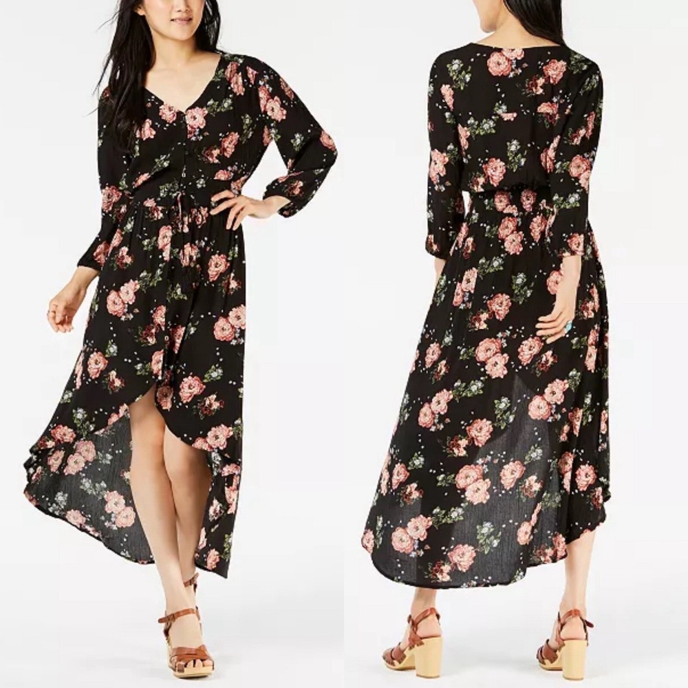 American Rag Maxi Dress Black Rose Western Floral hi/lo Smocked Waist Boho‎ XXS
